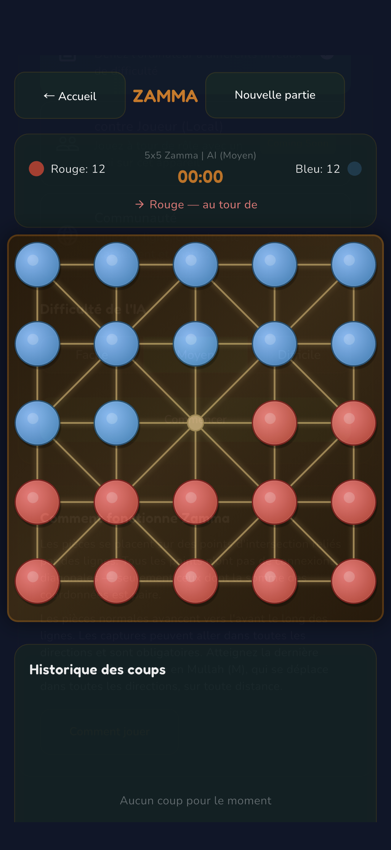 Partie en cours, plateau 5×5 avec 24 pièces